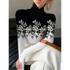 Women's Cheongsam Collar Long-sleeved T-shirt with Black and White Floral Positioning Print