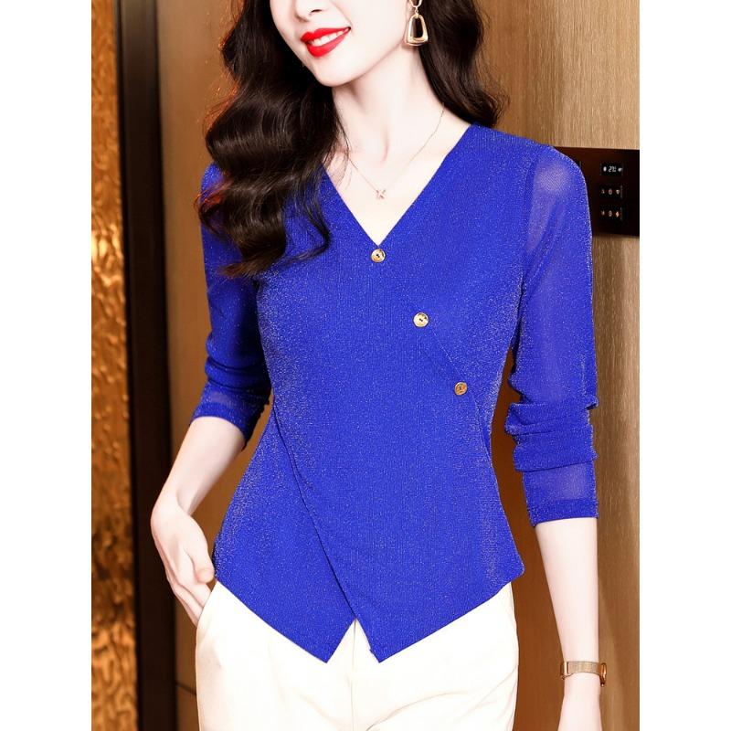 Base Shirt for Women Mesh Long Sleeve T-shirt Cross V-neck Top Bright Silk Fashionable Irregular Thin Shirt