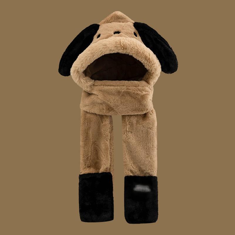 Hat female winter cute Pacha puppy plush thickened scarf gloves integrated hooded warm scarf three-piece set