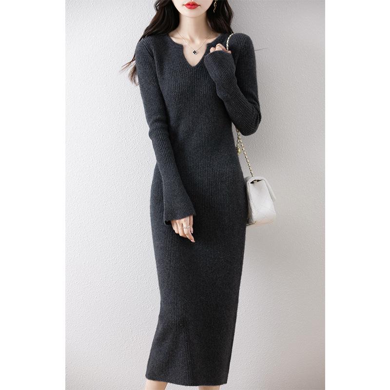 Autumn-Winter Pure Wool Trumpet Sleeve Mid-Length Sweater Dress
