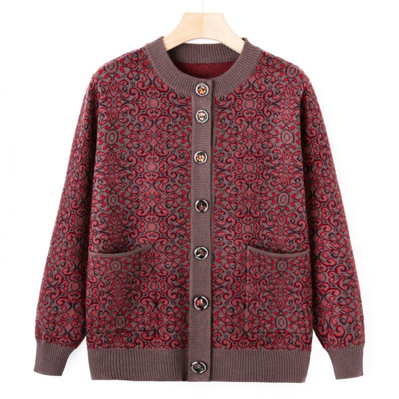 Middle-aged and Old Knitted Sweater Jacket Grandma Autumn Cardigan Top Autumn and Winter New Mother's Crew Neck Sweater