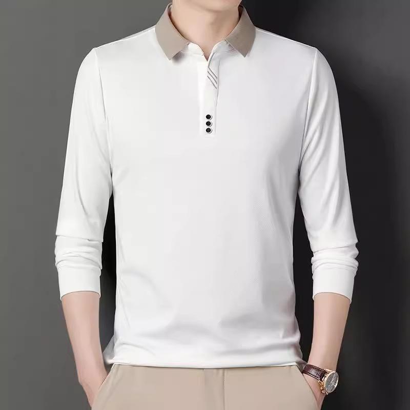 Men's Spring and Autumn Four Seasons Thin Section of Solid Colour Scissor Collar Long Sleeved Polo Shirt Casual Lapel Top T-shirt