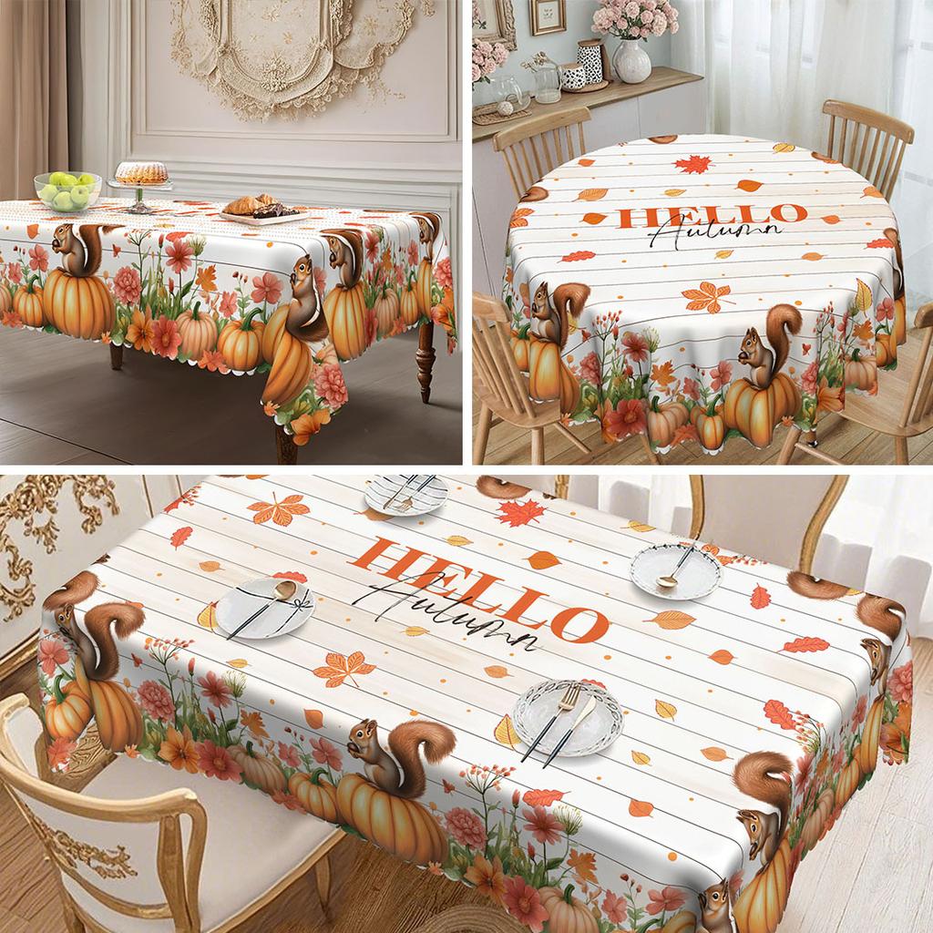 1 Thanksgiving Harvest Tablecloth, Rustic Grid Round Autumn Tablecloth With Cute Dog And Leaves