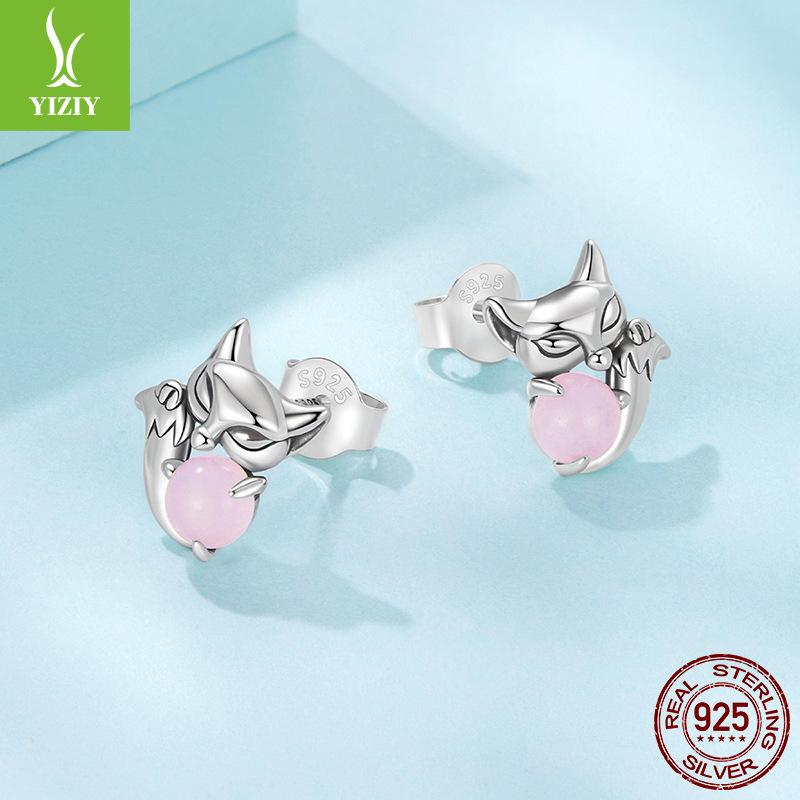 S925 Sterling Silver Pink Fox Stud Earrings, Exquisite And Small Animal Stud Earrings For Women