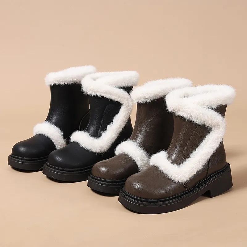 Fashion Women's Thick Heel Cotton Boots Winter New Round Head Sleeve Splicing Thick Sole Anti-slip Wear-resistant Mid-calf Boots