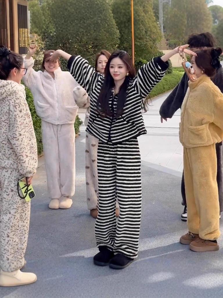 Women's Striped Hooded Coral Fleece Pajamas, Winter 2025 Trend, Outdoor-Ready Fleece-Lined Homewear