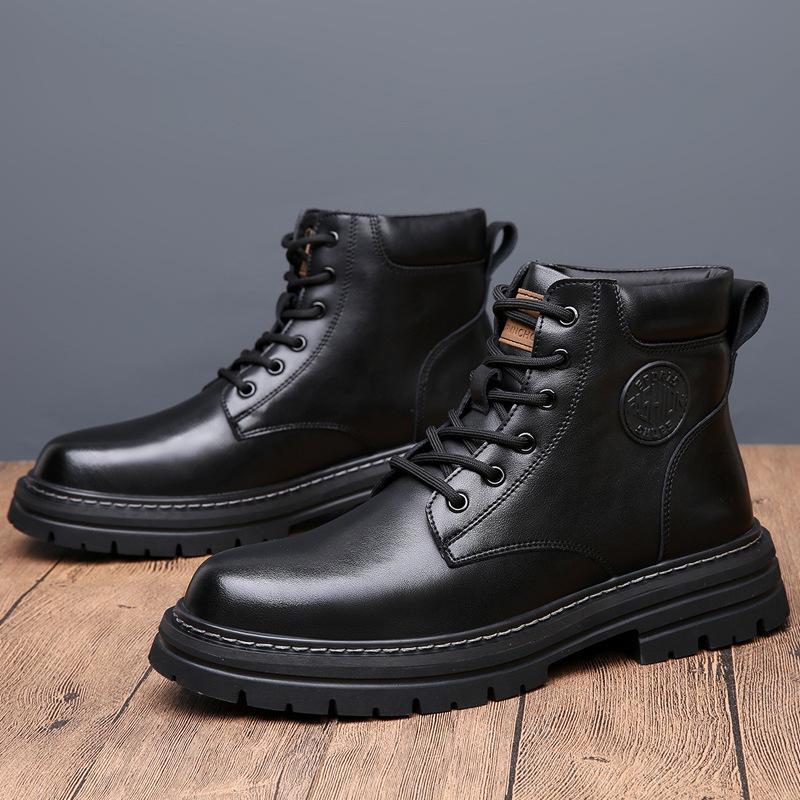 Rhubarb boots leather winter warm high-top locomotive thick-soled Martin boots men's big head tooling boots velvet men's leather boots