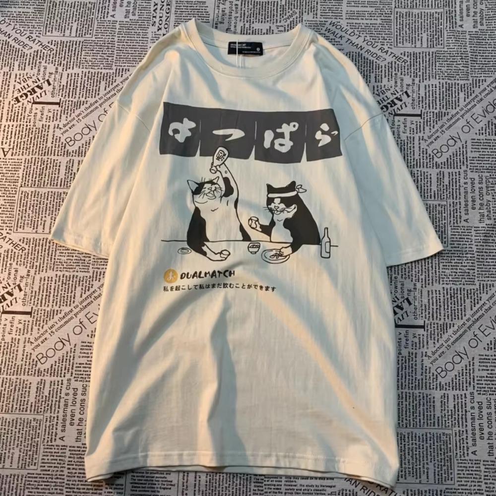 Original Japanese Retro Cat Print Pure Cotton Short Sleeved T-shirt For Men's Women's Trendy Street Loose Couple T-shirt