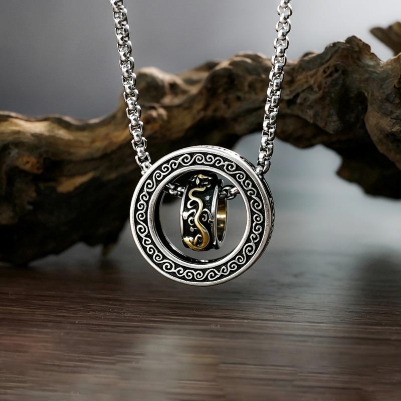 Vintage Distressed Pixiu Hollow Double Ring Pendant Clavicle Necklace For Men
