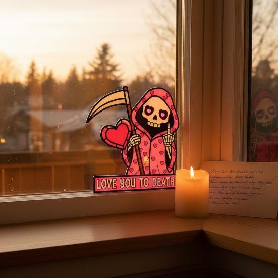 Yousheng Love You To Die Grim Reaper Window Corner Sticker Vintage Pink Grim Reaper Decal for Windows Walls Bedroom Coffee Shop Decor