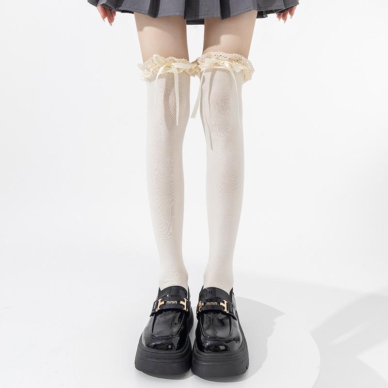 

Lace-trimmed Socks, Women s Over-the-knee Socks, Spring and Autumn Cotton Socks, Bow Calf Socks, Sweet Long Socks 1 pair бежевий