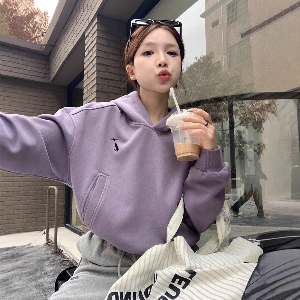 

Women s Purple Hooded Sweatshirt - Spring/Autumn 2025, Thick, Warm, Loose-Fit, Versatile Short Top M [suggested for up to 50 kg] фиолетовый