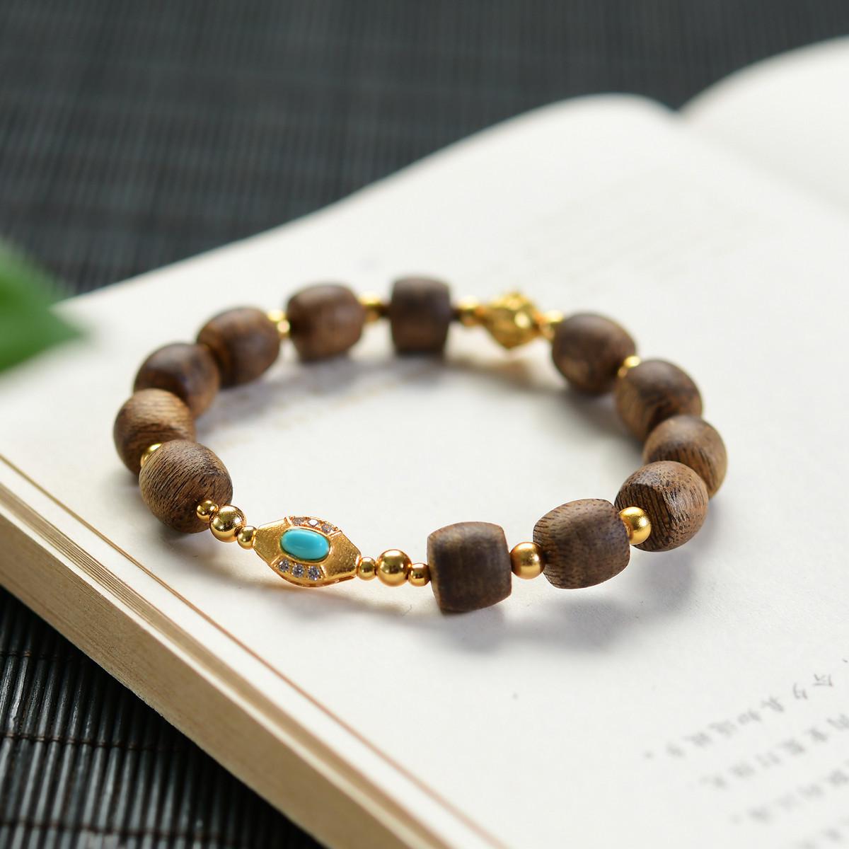 Браслет из натуральных бусин агарового дерева Yingge с серебряными проставками 925 пробы Agarwood