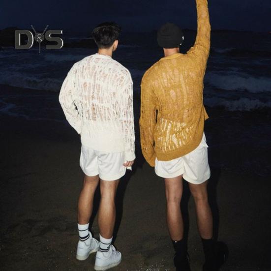 Pánské topy s kulatým výstřihem, s dlouhým rukávem, pletené tričko, pánské oblečení, retro, duté, síťované pletené topy, jarní streetové oblečení