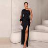 Vestido de noite feminino, um ombro, sem mangas, bainha dividida, cor sólida, cintura fina