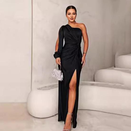 Vestido de noite feminino, um ombro, sem mangas, bainha dividida, cor sólida, cintura fina