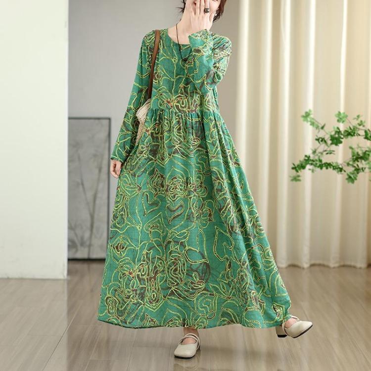 New Vintage Floral Maxi Dress Women Plus Size Spring Long Sleeve Loose Oversize Basic Long Dress