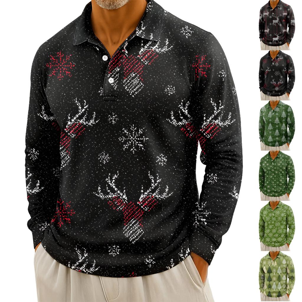 Pánská ležérní košile s dlouhým rukávem a vánočním potiskem na knoflíky