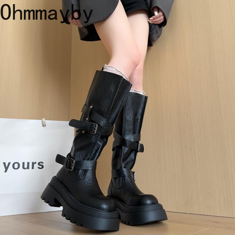 Winter Vintage Punk Style Woman Knee High Boots Fashion Belt Buckle Slip On Shoes Female Thick Bottom Knight Long Booties Shoes