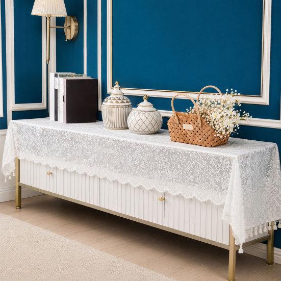 Tischdecke mit Anti-Rutsch-Rückseite, Doppelseitiger Spitzen-Einfacher Design-Tischschutz, Quastenrand Böhmischer Stil Möbelabdeckung für TV-Schränke Sofas