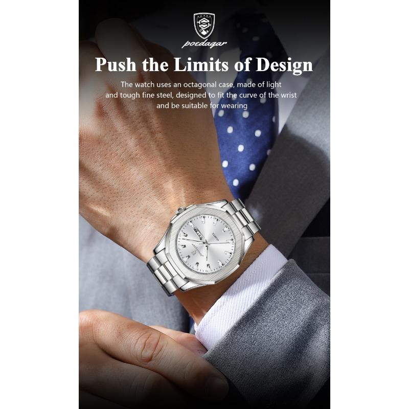 POEDAGAR Luxury Men Wristwatch Waterproof Luminous Week Date Casual Clock Stainless Steel Quartz Fashion Watches Reloj