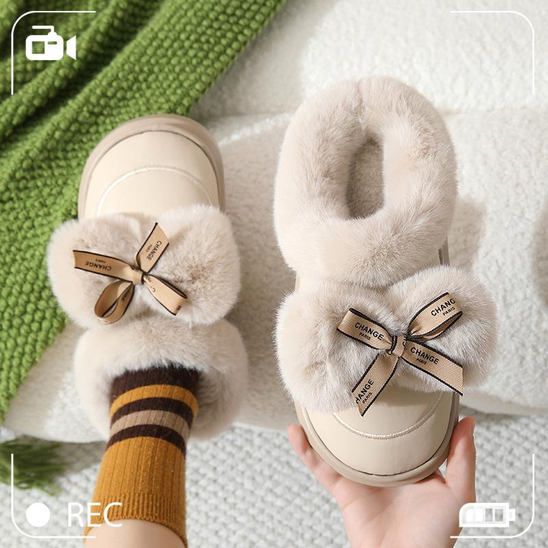 Cotton slippers for women, waterproof leather slippers, thickened bow, cute furry slippers, home slippers, PVC, loose feeling
