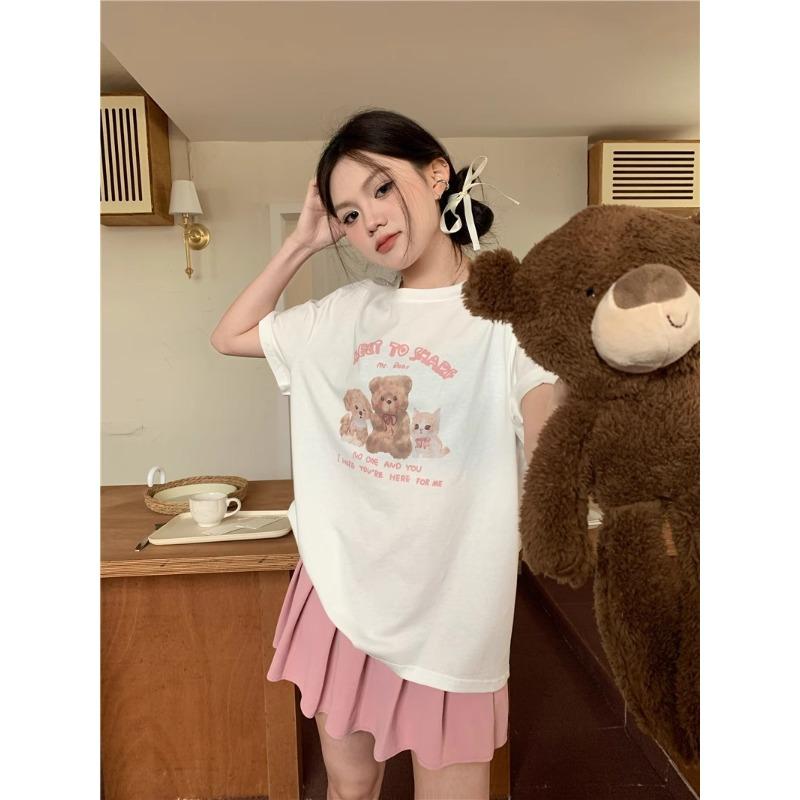 Summer Women Funny Cartoon Print T-Shirt Harajuku Round Neck Loose Casual Y2K Tops Young Girl Graphic T Shirts Pink Streetwear