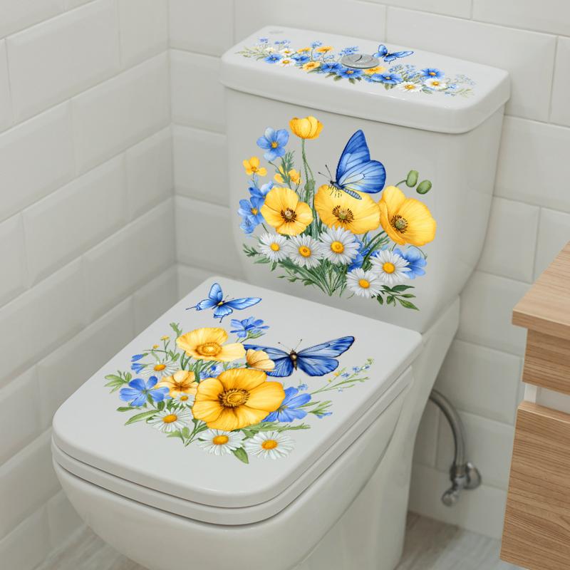 Toilet Sticker Flower Butterfly Sticker Bathroom Self-Adhesive Painting Waterproof Sticker Toilet Cover Bathroom Wall Sticker