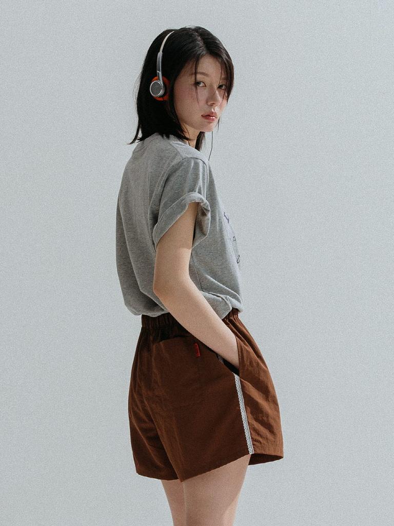 Aenhacheu Side Lace Nylon Shorts_Brown