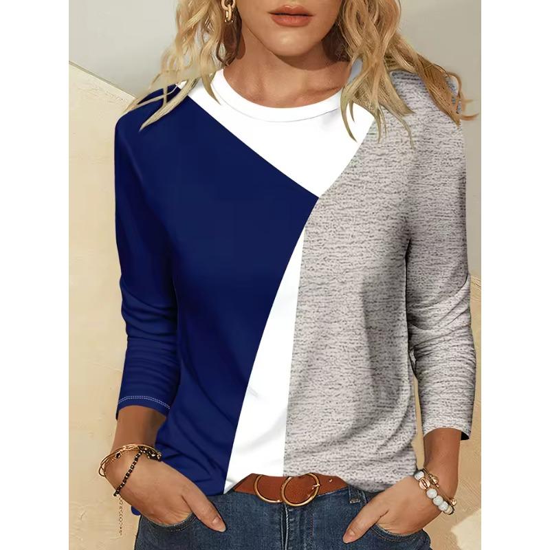 Women's Long-sleeved T-shirt Autumn Striped Plaid Print Street Casual O Neck Pullover Loose Fit Outdoor T-shirt