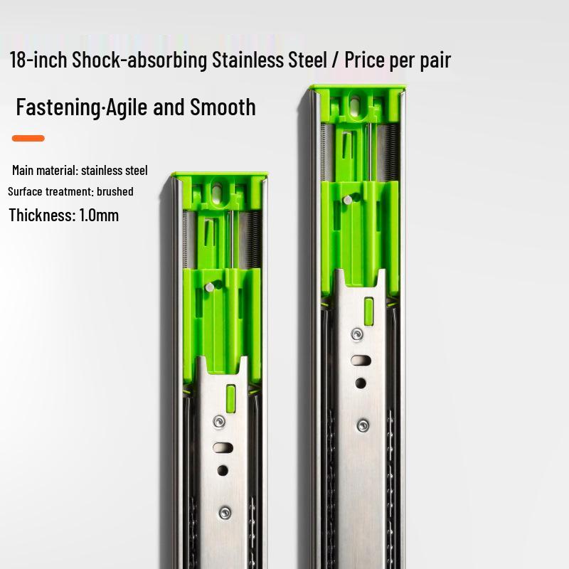 Stainless Steel Damping Drawer Slide Rail with Buffer - Three-Section Guide for Furniture and Cabinet Tracks.