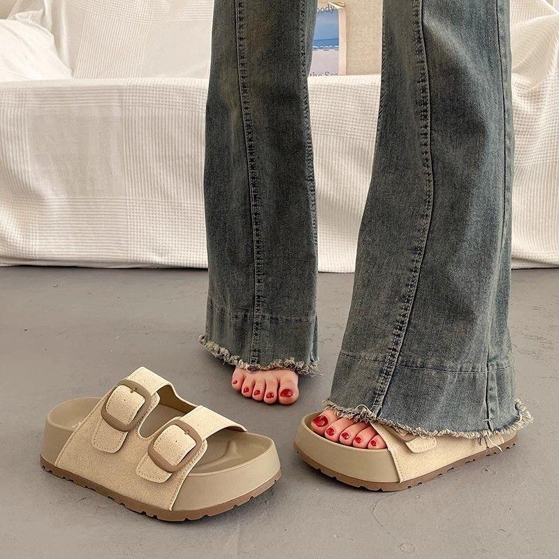 Platform Slippers Women's Summer Wear Retro Versatile Sandals New One-word Drag Boken Beach Sandals