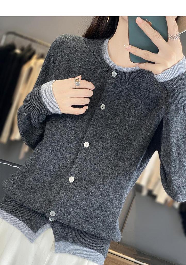 2025 Autumn/Winter Women's Round Neck Pure Wool Cardigan Sweater - Fake Two-Piece Design