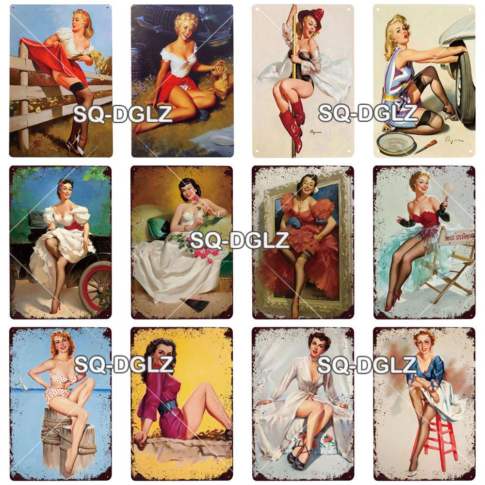 [SQ-DGLZ] Pinup Girl Plakette Metall Vintage Bar Möbel Teller Garagenschild Vintage Deko Man Cave Dekoration Geschenk