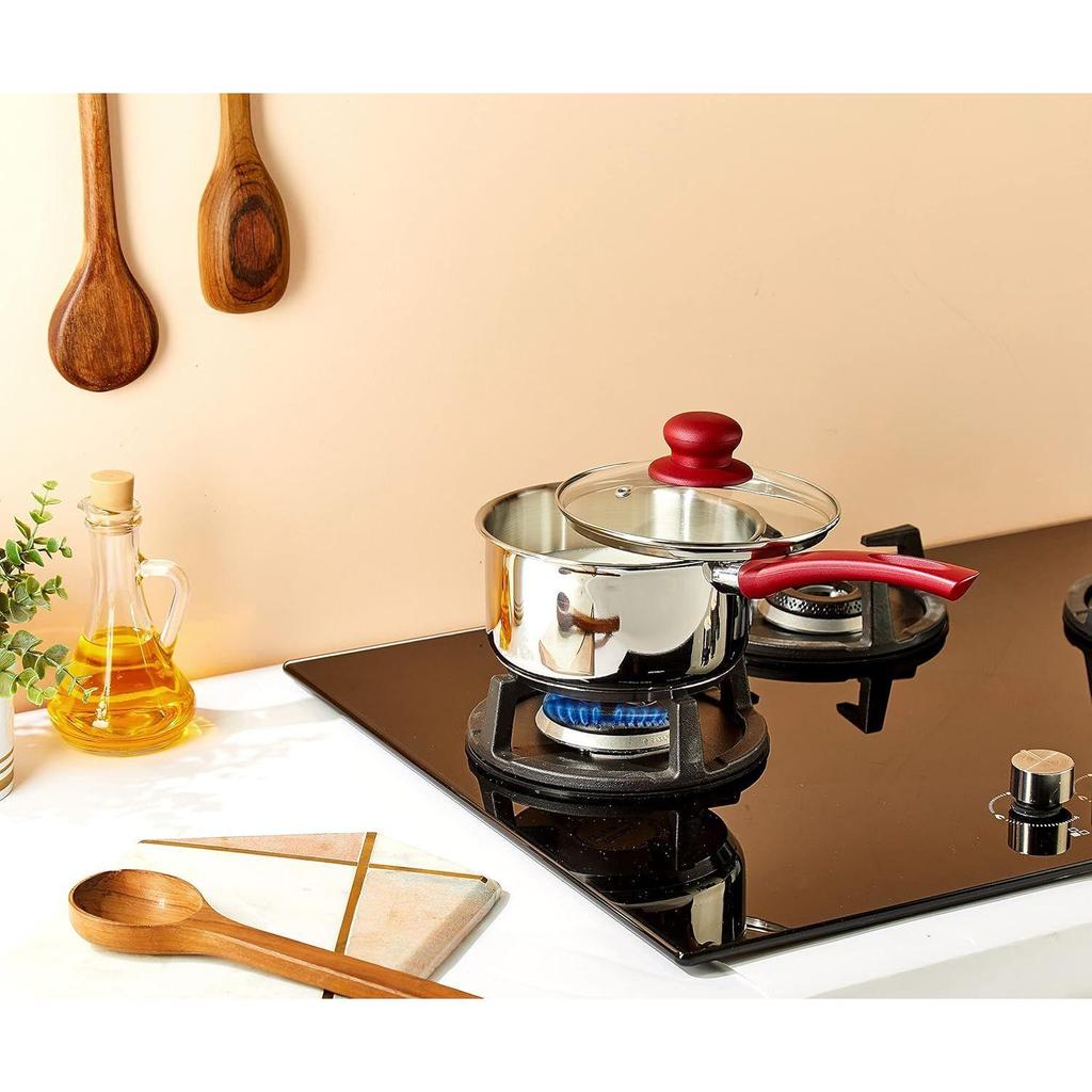 Stainless Steel Heavy Bottom Sauce Pan with Glass Lid|Three Layer Impact Forged Bottom for Durability|Premium Look with Soft Touch Handles&Knob