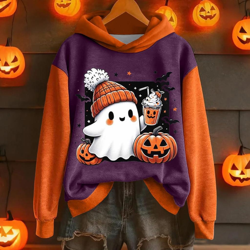 Ladies' Casual And Fashionable Halloween Printed Long Sleeved Hooded Warm Shirt Loose And Comfortable Hoodie