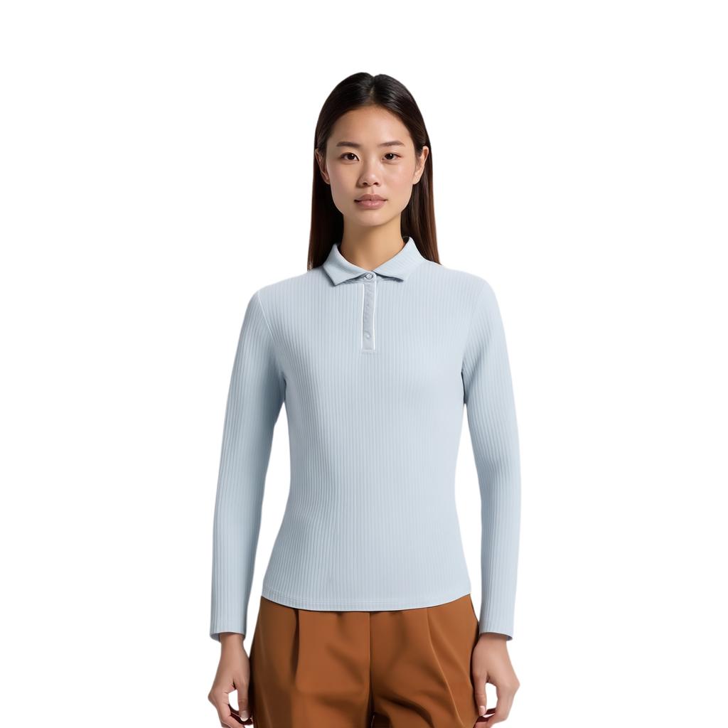 Fila Golf Series Fashionable Simple Casual Sports Training Long Sleeve Polo Shirt Women Tops Satin-Gray-Blue A11W545212FLB