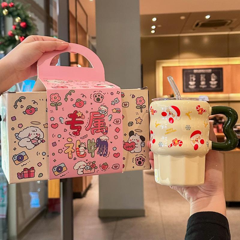 Cute Christmas Ceramic Mug with Lid for Girl's Birthday Gift High-value Straw Mug Souvenir