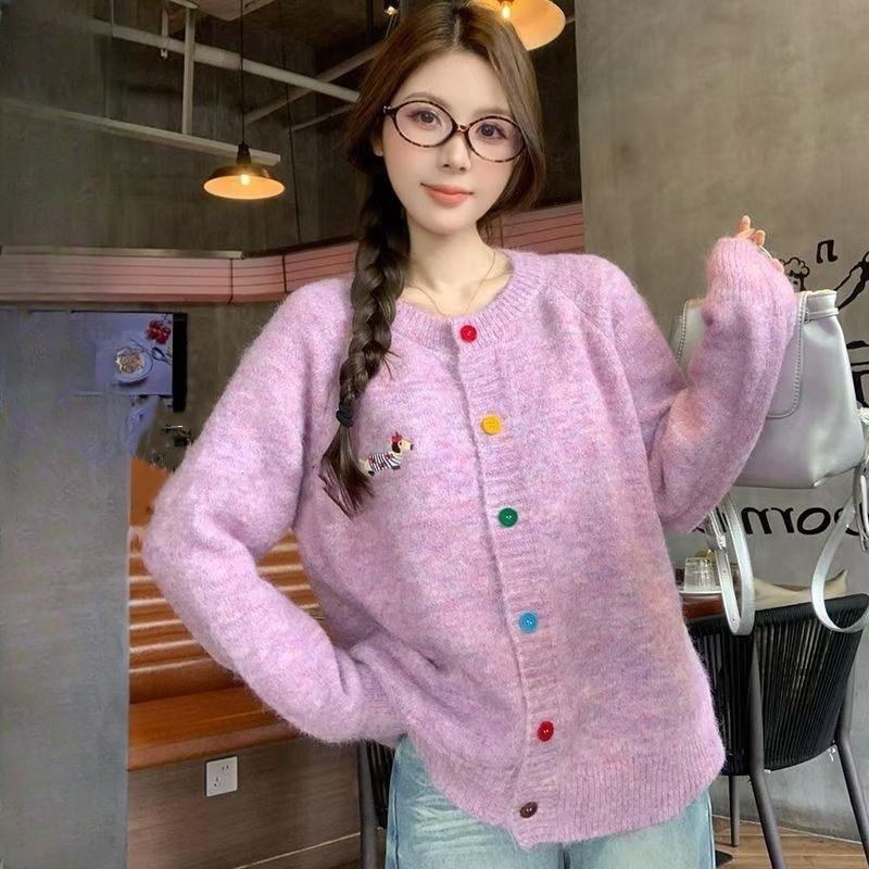 Korean-Style Crew Neck Dog Pattern Knit Cardigan for Women: Autumn Winter Versatile K-Style Sweater Top