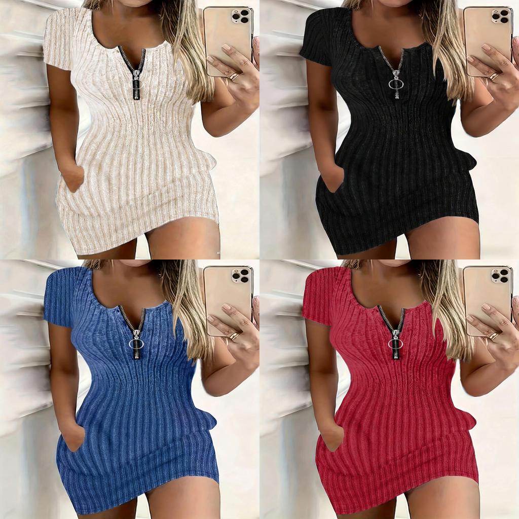 Summer Girl Dress With Zipper And Pockets For Casual Clubwear