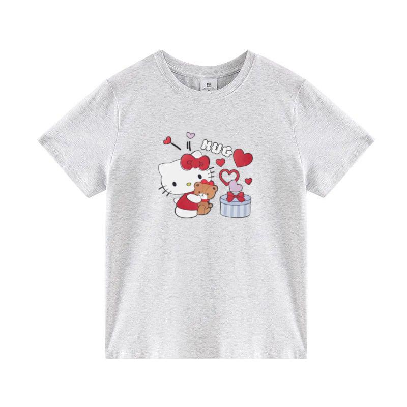 New White Gray Round Neck Front Shoulder Short Sleeve T-shirt Women's American Cartoon Kt Cat Print Pure Cotton Summer Top
