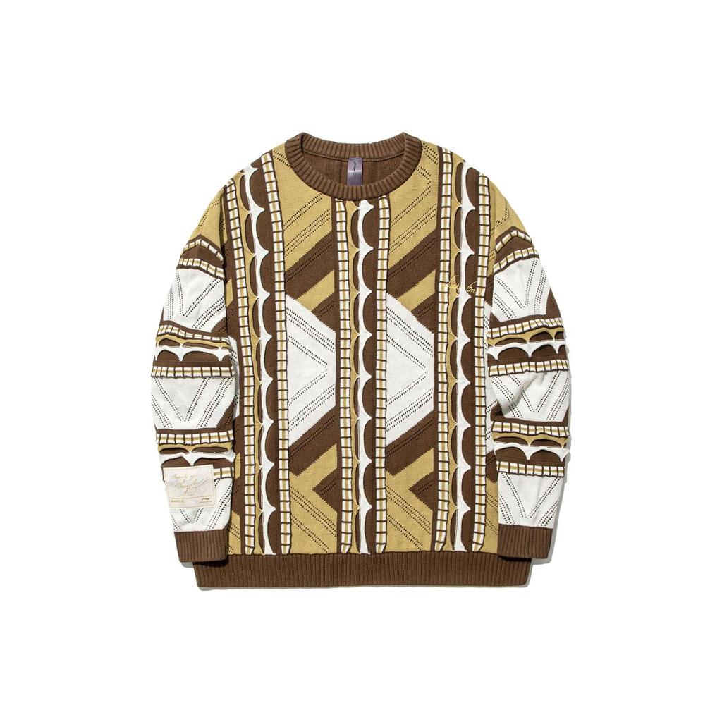 Li Ning X Bruce Lee Kolaborace Kung Fu Série Celoplošně Pruhovaný Pulovr Svetr s Kulatým Výstřihem Pánský svetr Hliněně-Hnědý AMBT237-1