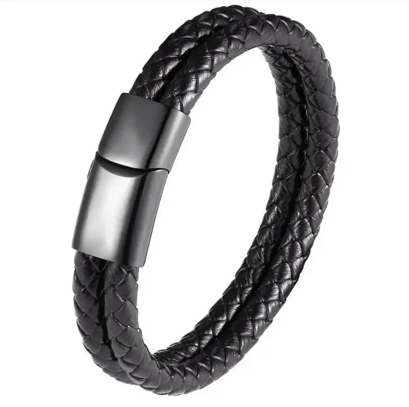 Vintage Handwoven Black Leather Bracelet with High Quality Metal Buckle Suitable for Men\'s Personalized Charm Wristband Jewelry