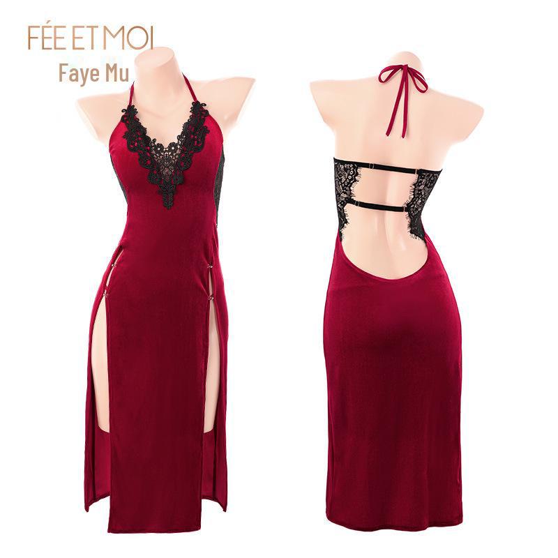 Feimu Renjian Velvet Deep V Nightdress 6153: Sultry High-Slit Lingerie