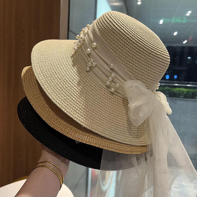 New bow mesh temperament women spring and autumn summer sunshade sunscreen straw woven bucket hat straw hat travel hat