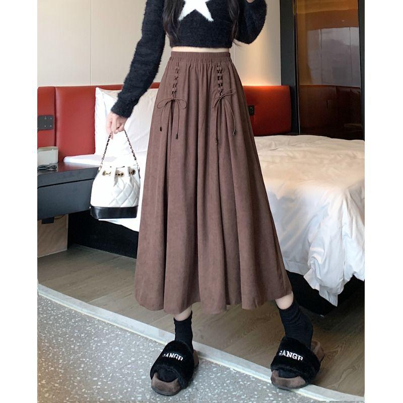 

Женская вельветовая миди-юбка А-силуэта с высокой талией - Весна и Осень 2025, цвет кофе L for 53-58 kg кофейный