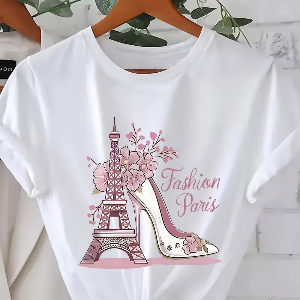 Paris Eiffel Tower Print Crewneck Short Sleeve T-shirt with Floral and Butterfly Accents for Paris Lovers S