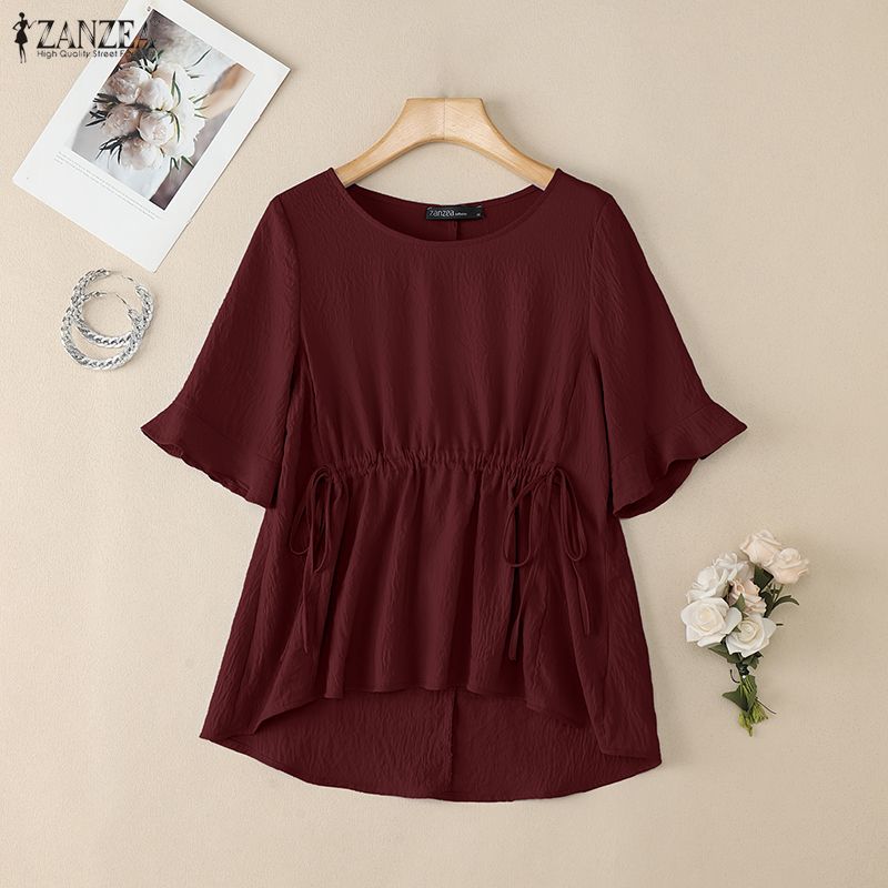 ZANZEA Women Casual Round Neck Loose Drawstring Waist Half Sleeve Blouse