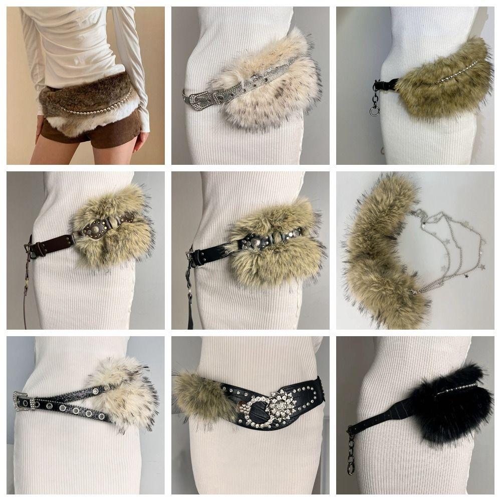 Spicy Girl Style Leather Fur Belt Rhinestone Plush Waist Belt Furry Waistband  Female/Girls