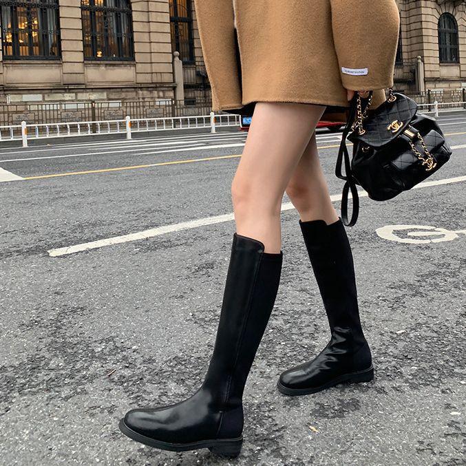 Grape Mother Korean Version Boots Splicing Design Square Head Thick Heel High Tube But Knee Thin Boots Knight Boots Women's Autumn and Winter
